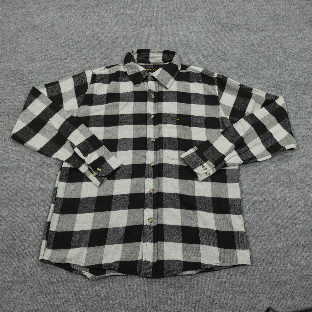 Stanley‎ Shirt Mens Medium Black Grey Buffalo Plaid Flannel Long Sleeve Workwear